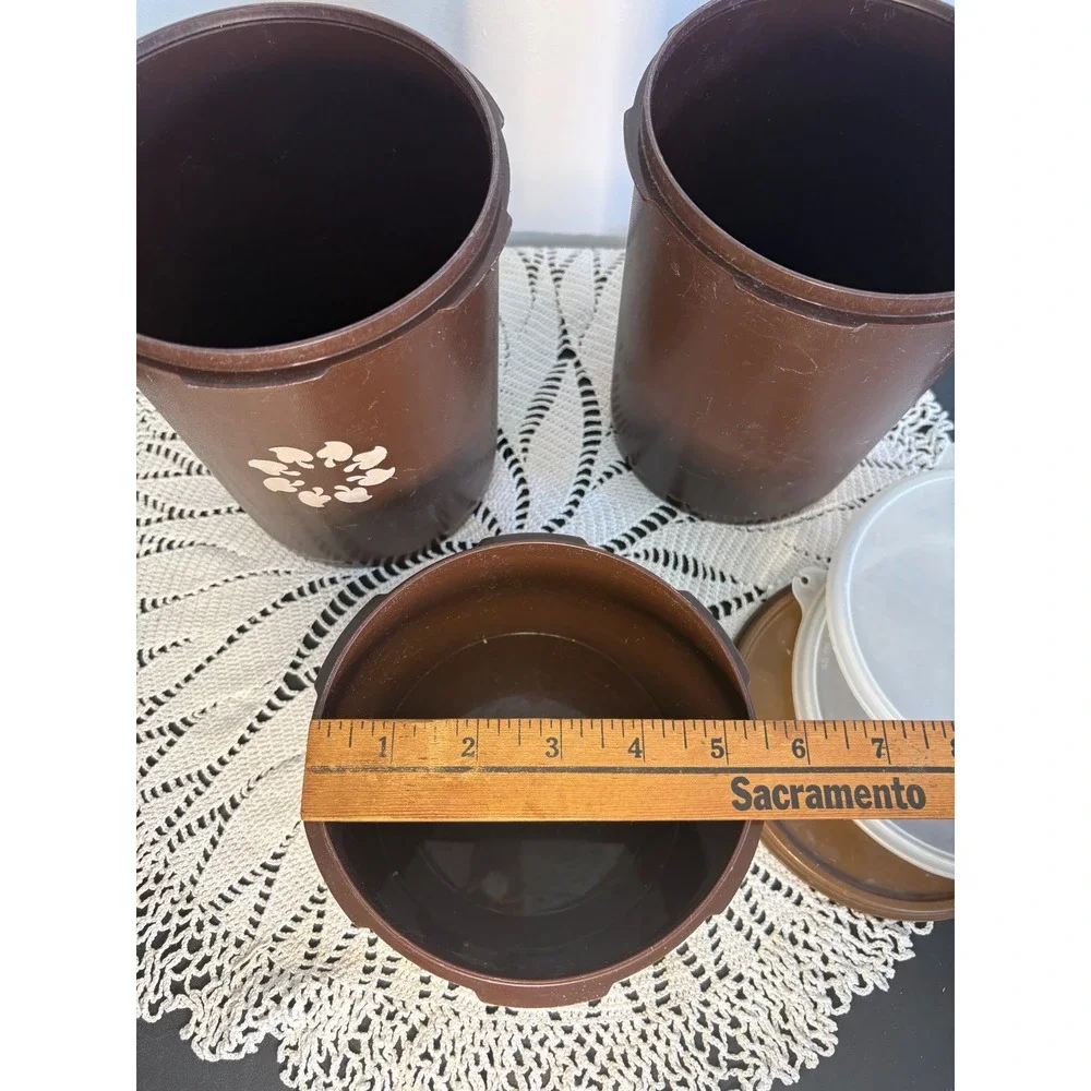 Vintage Tupperware Servalier Canister Set Brown Floral 809-13 809-14 1298-11 3pc